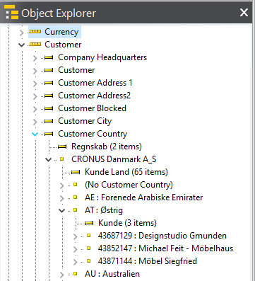 Browsing dimension values in the object tree