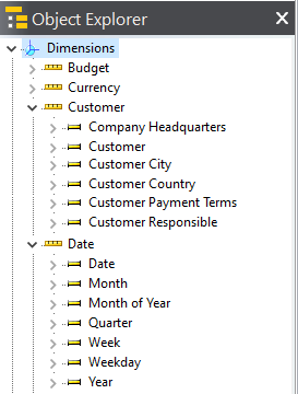 Dimensions customer and date shown in the Object Tree