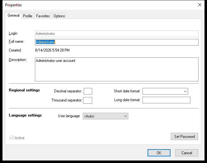 User Properties dialog, General tab