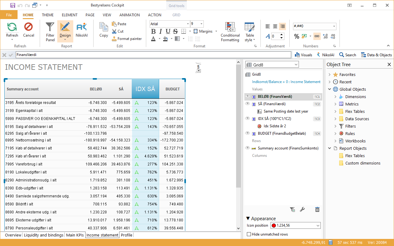Design mode with a table selected