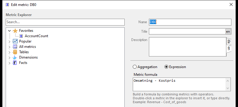 The metric editor for an expression