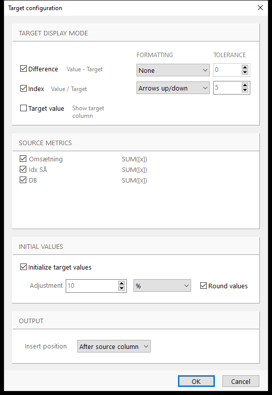 The Target configuration dialog
