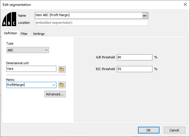 Dialog for creating an ABC Segmentation