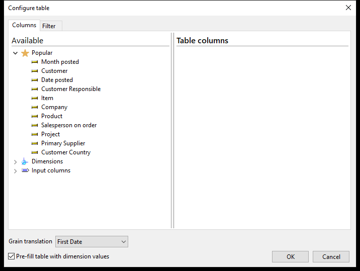 The Configure table dialog