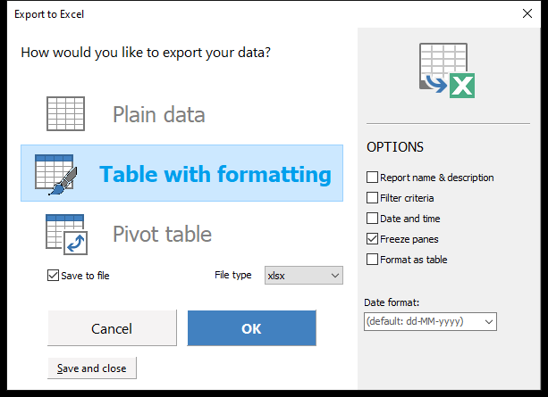 The Export to Excel dialog
